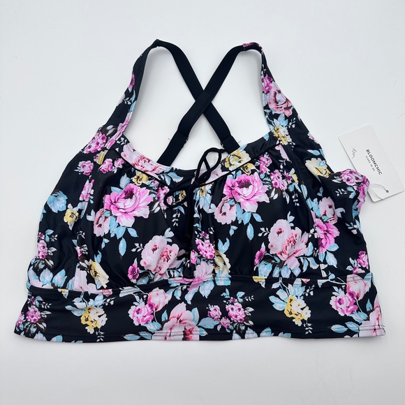 Bloomchic Floral Print Halter Tankini Top Plus Size 22-24 Black Pink Blue Yellow - Picture 3 of 11